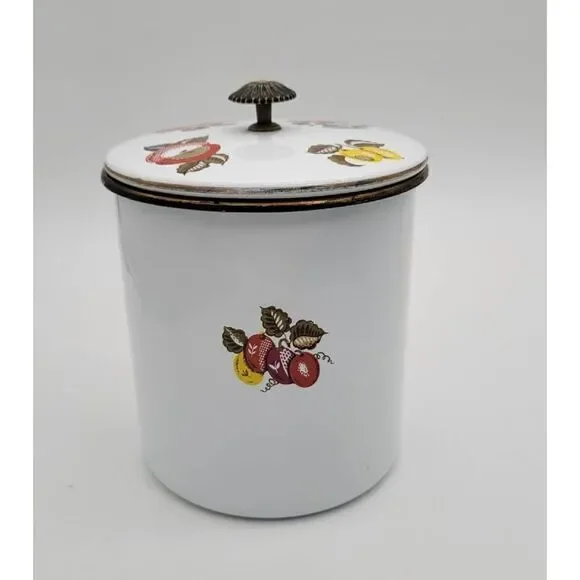 Midcentury 1960's Signed Georges Briard Fruit and Flower Enamelware Canister Coo